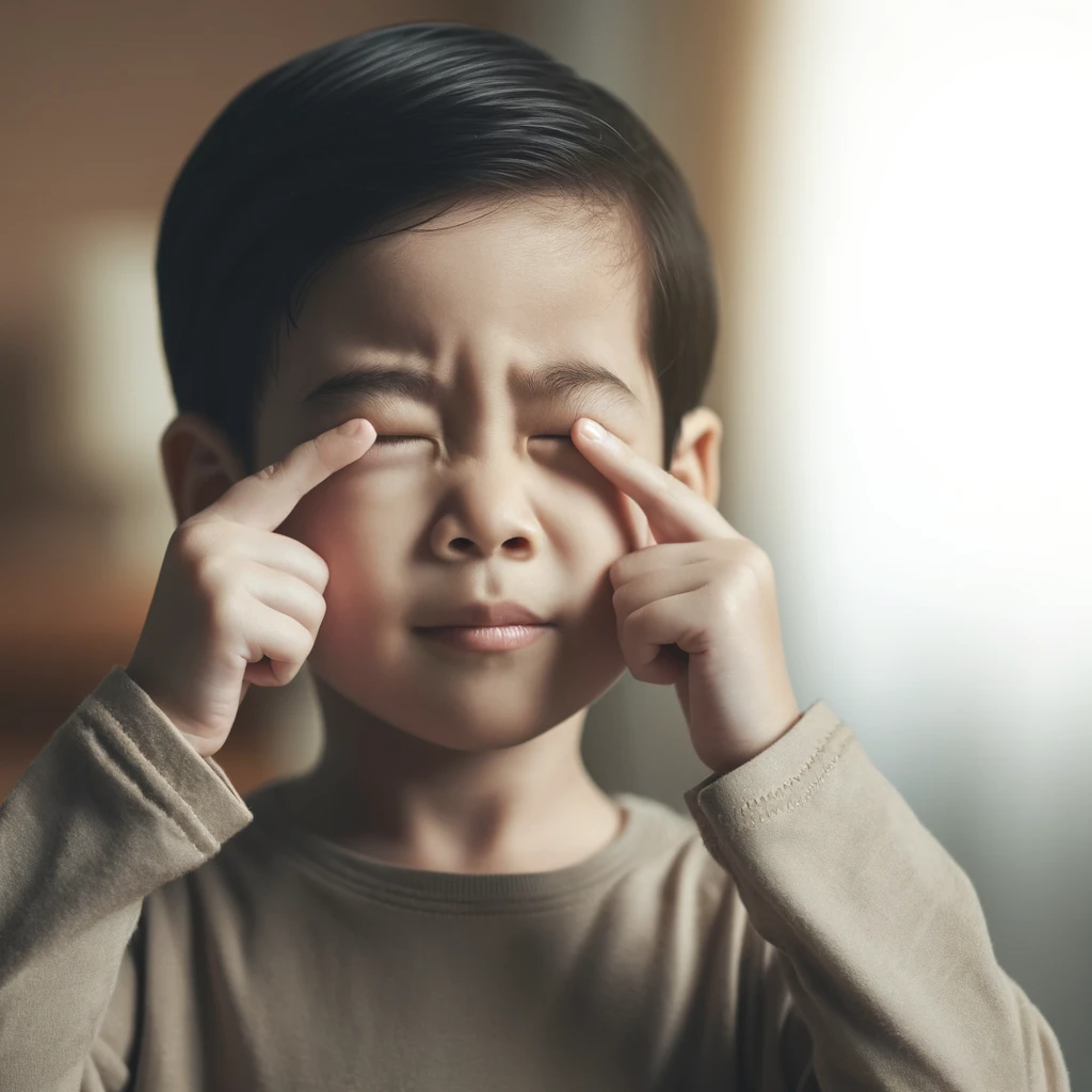 Criança apertando os olhos para enxergar melhor